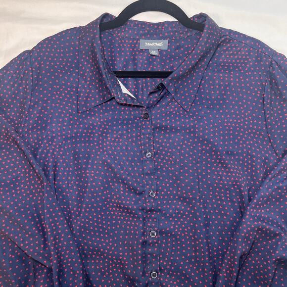 ModCloth Blouse Plus Size 3X Navy Blue Red Hearts AOP Long Sleeve Silky Button - Picture 2 of 16